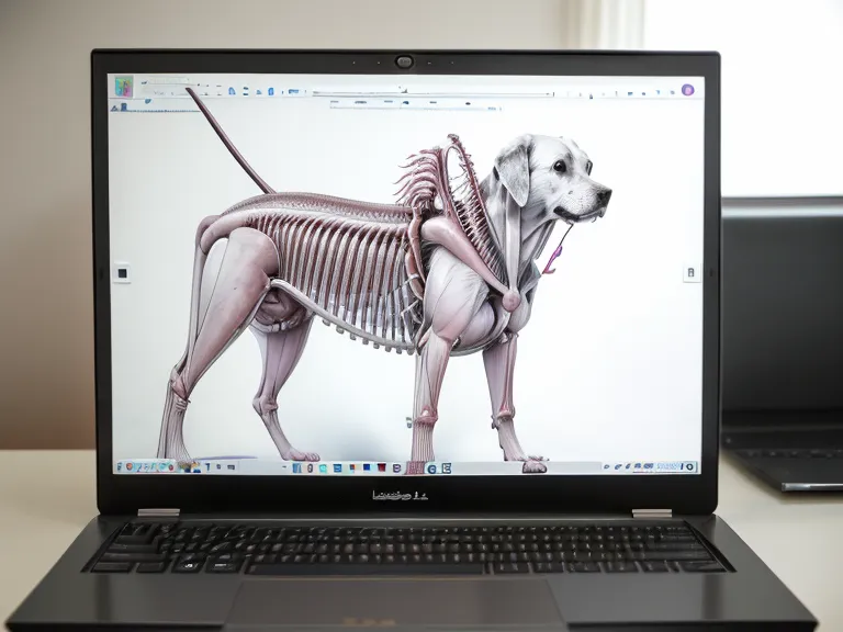 Pantalla de laptop con diagramas de anatomía muscular canina durante una sesión nocturna de estudio de auxiliar veterinaria