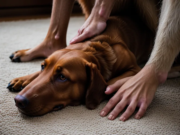 Mano examinando con cuidado la musculatura de la pata de un perro, parte de la observación técnica para el bienestar canino